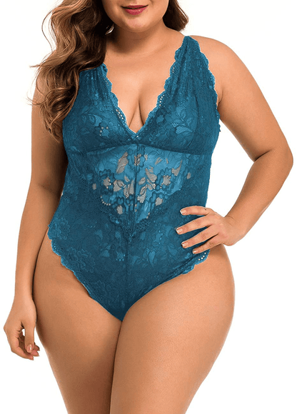 XAKALAKA Women Plus Size Lace Bodysuit Teddy Lingerie One Piece Babydoll Clubwear S-XXXXL Apparel & Accessories > Clothing > Underwear & Socks > Lingerie 18 months - 3 years Peacock Blue 4X-Large 