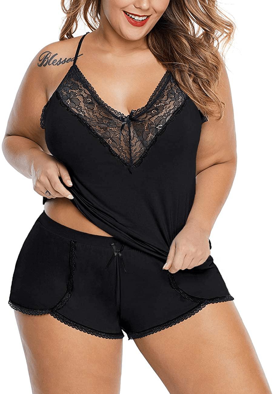 XAKALAKA Women plus Size Pajamas Cami Shorts Set Nightwear Sexy Lace Lingerie Sleepwear Apparel & Accessories > Clothing > Sleepwear & Loungewear Kylie Max   
