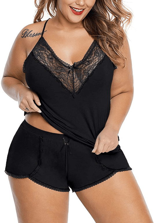 XAKALAKA Women plus Size Pajamas Cami Shorts Set Nightwear Sexy Lace Lingerie Sleepwear Apparel & Accessories > Clothing > Sleepwear & Loungewear Kylie Max   