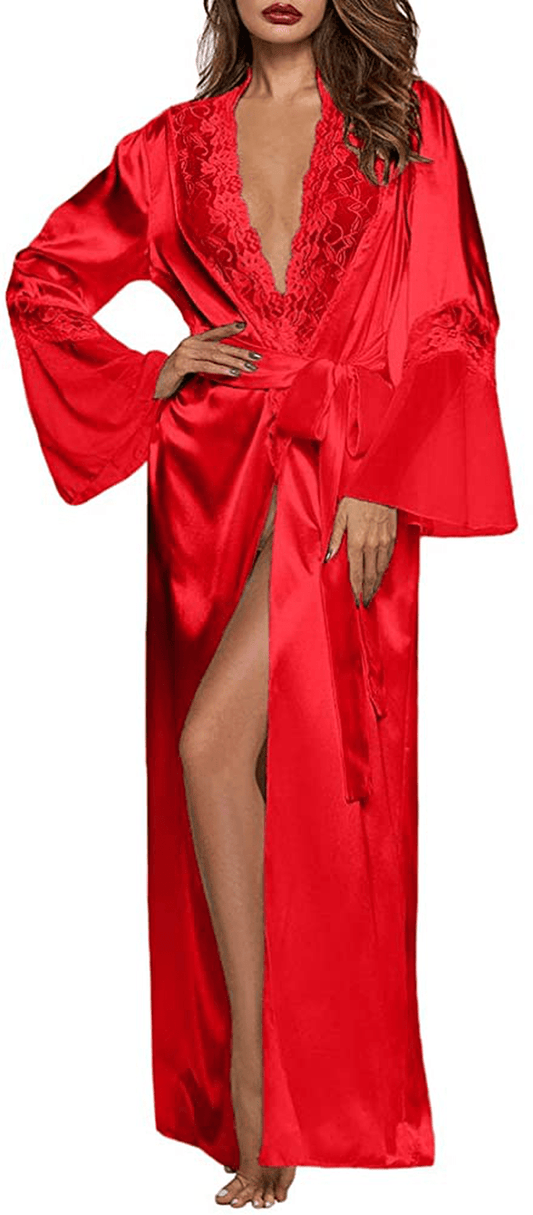 XAKALAKA Womens Long Robe Kimono Satin Gown Lingerie S-XXL Apparel & Accessories > Clothing > Sleepwear & Loungewear > Robes XAKALAKA Red-update Large 