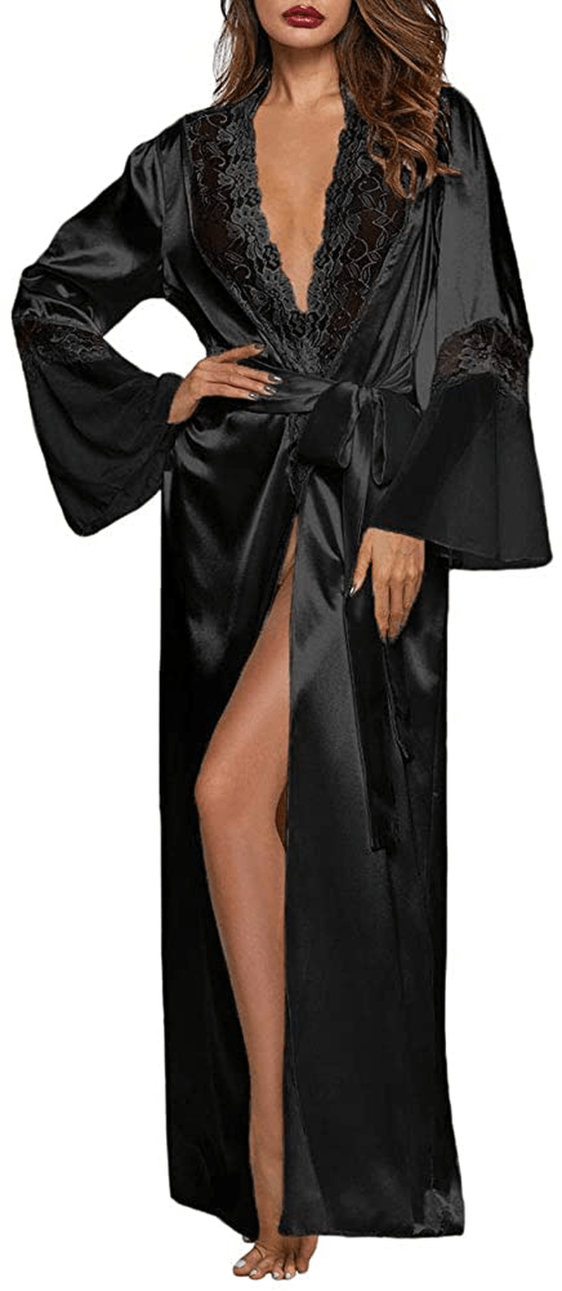 XAKALAKA Womens Long Robe Kimono Satin Gown Lingerie S-XXL Apparel & Accessories > Clothing > Sleepwear & Loungewear > Robes XAKALAKA Black-update Small 