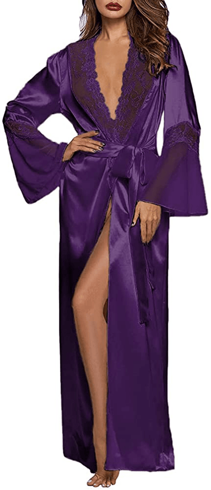XAKALAKA Womens Long Robe Kimono Satin Gown Lingerie S-XXL Apparel & Accessories > Clothing > Sleepwear & Loungewear > Robes XAKALAKA Purple XX-Large 
