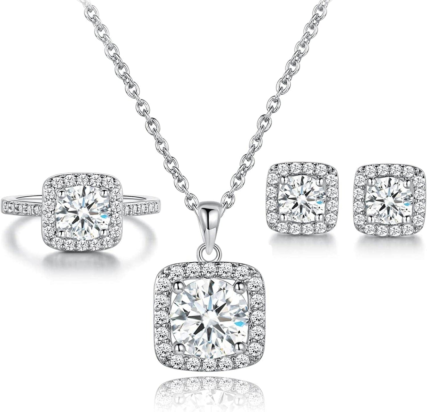 XBRN Necklace/Earrings/Ring Set for Women,18K Gold Plated Cubic Zirconia Engagement Wedding Jewelry Pack of 3 A-White / 10