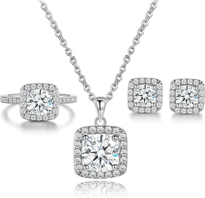 XBRN Necklace/Earrings/Ring Set for Women,18K Gold Plated Cubic Zirconia Engagement Wedding Jewelry Pack of 3 A-White / 10