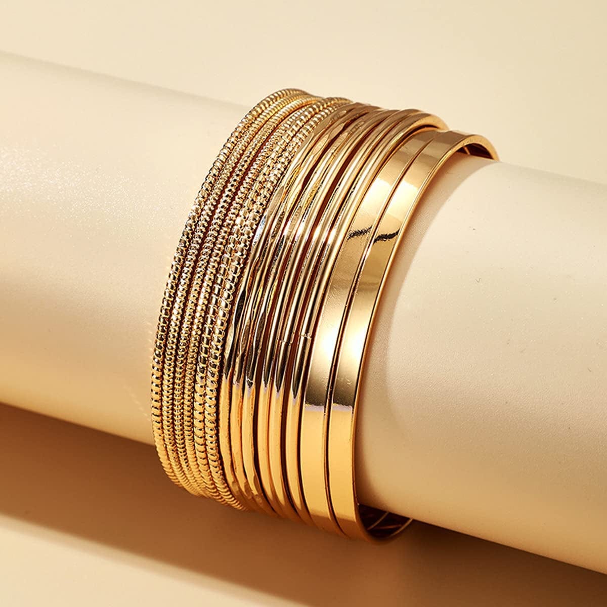 Xerling 14Pcs Gold Boho Indian Multi Bangle Bracelet Set for Teen Girls Punk Chunky Stackable Textured Bracelets for Women Layered Cable Smooth Bracelets Apparel & Accessories > Jewelry > Bracelets Xerling   