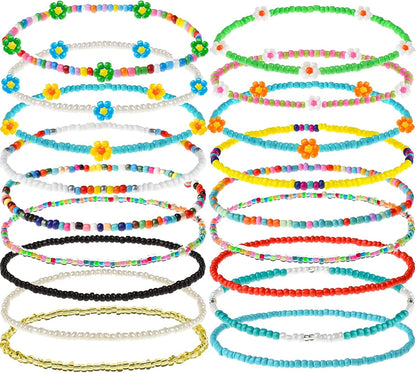 XIJIN 18 Pieces Elastic Beaded Anklets for Women Girls Handmade Beach Boho Colorful Beads Ankle Bracelets Set Apparel & Accessories > Jewelry > Anklets XIJIN Colorful d  
