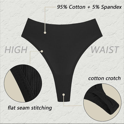 Xlndsoea Women'S High Waisted Ribbed Cotton Thongs Stretchy Sport Panties High Cut Breathable Underwear 6-Pack