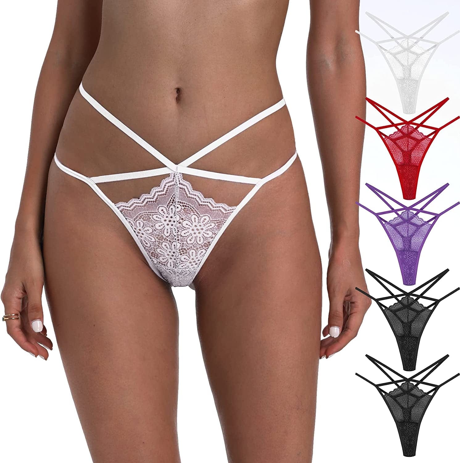 Xlndsoea Women'S Sexy Hollowed Out G-Strings Low Waisted Cotton Thong Panties Soft Exotic Underwear Multi Packs C 2 Black + 1 White + 1 Red + 1 Purple / Small