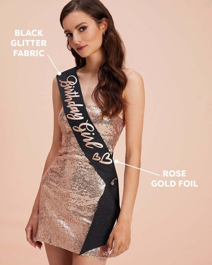 Xo, Fetti Birthday Girl Sash - Black Glitter + Rose Gold Foil | Birthday Party Decorations - 16Th, 21St, 30Th, 40Th, 50Th, Birthday Queen Apparel & Accessories > Clothing Accessories > Sashes xo, Fetti   