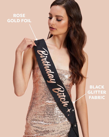 Xo, Fetti Birthday Sash for Women - Black Glitter + Rose Gold Foil | Birthday Decorations - 21St, 30Th, Birthday Girl Apparel & Accessories > Clothing Accessories > Sashes xo, Fetti   