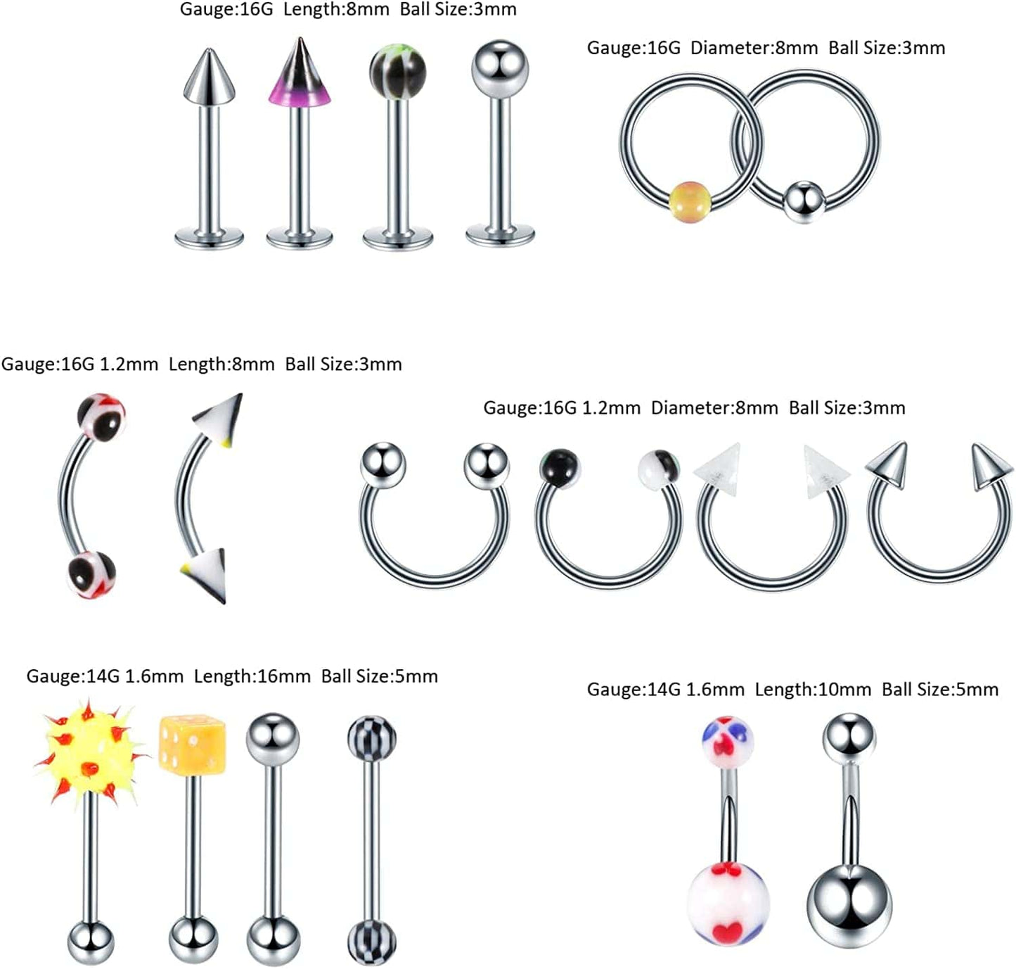 Xpircn 120PCS Piercing Kit Stainless Steel Acrylic 14G 16G Nose Septum Horseshoe Lip Tongue Eyebrow Tragus Belly Tongue Nipple Barbell Rings Piercing Jewelry Kit Tool Apparel & Accessories > Jewelry > Body Jewelry Xpircn   