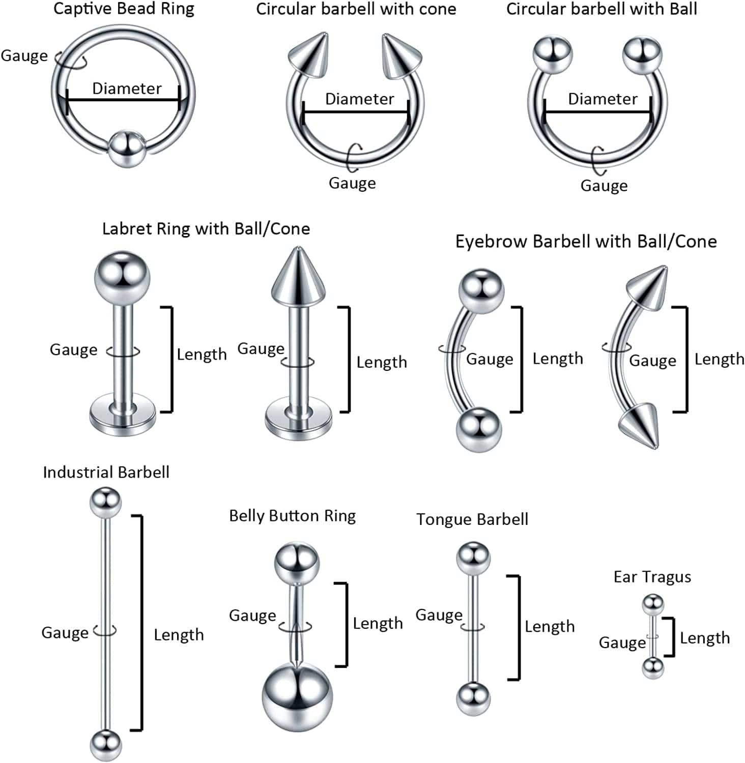 Xpircn 120PCS Piercing Kit Stainless Steel Acrylic 14G 16G Nose Septum Horseshoe Lip Tongue Eyebrow Tragus Belly Tongue Nipple Barbell Rings Piercing Jewelry Kit Tool Apparel & Accessories > Jewelry > Body Jewelry Xpircn   