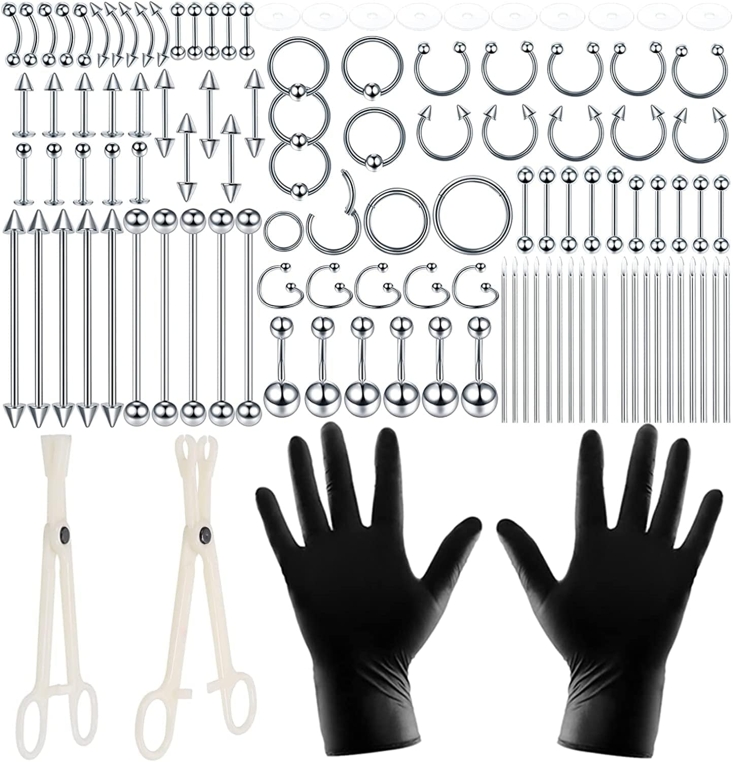 Xpircn 120PCS Piercing Kit Stainless Steel Acrylic 14G 16G Nose Septum Horseshoe Lip Tongue Eyebrow Tragus Belly Tongue Nipple Barbell Rings Piercing Jewelry Kit Tool Apparel & Accessories > Jewelry > Body Jewelry Xpircn 120PCS Silver  