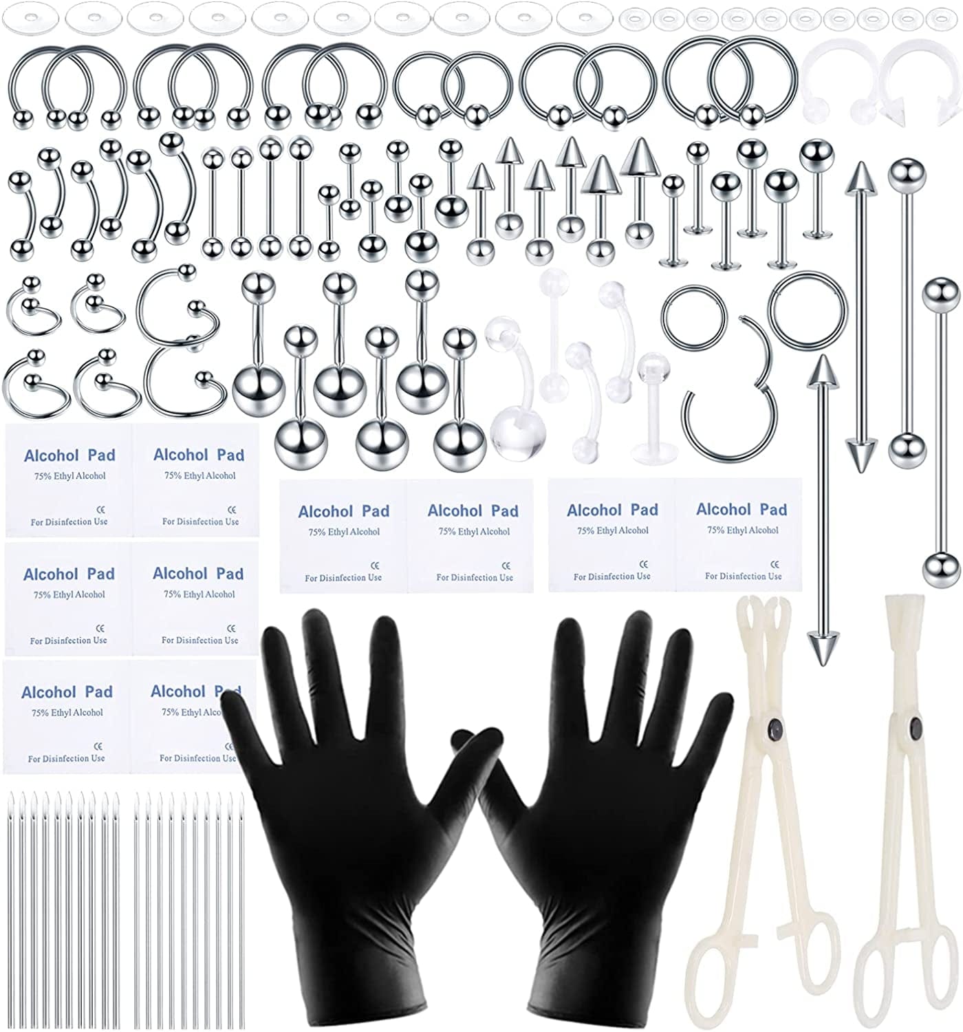 Xpircn 120PCS Piercing Kit Stainless Steel Acrylic 14G 16G Nose Septum Horseshoe Lip Tongue Eyebrow Tragus Belly Tongue Nipple Barbell Rings Piercing Jewelry Kit Tool Apparel & Accessories > Jewelry > Body Jewelry Xpircn 120PCS Silver&Bioflex  