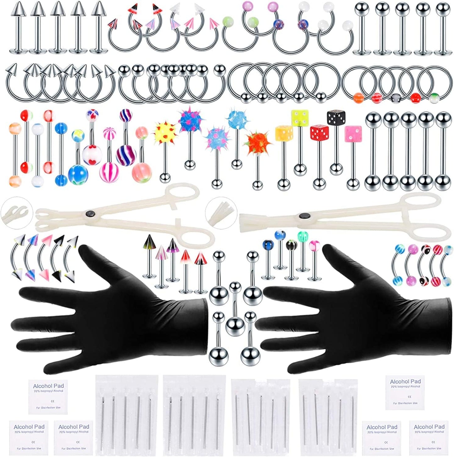 Xpircn 120PCS Piercing Kit Stainless Steel Acrylic 14G 16G Nose Septum Horseshoe Lip Tongue Eyebrow Tragus Belly Tongue Nipple Barbell Rings Piercing Jewelry Kit Tool Apparel & Accessories > Jewelry > Body Jewelry Xpircn 120PCS Silver&Acrylic  
