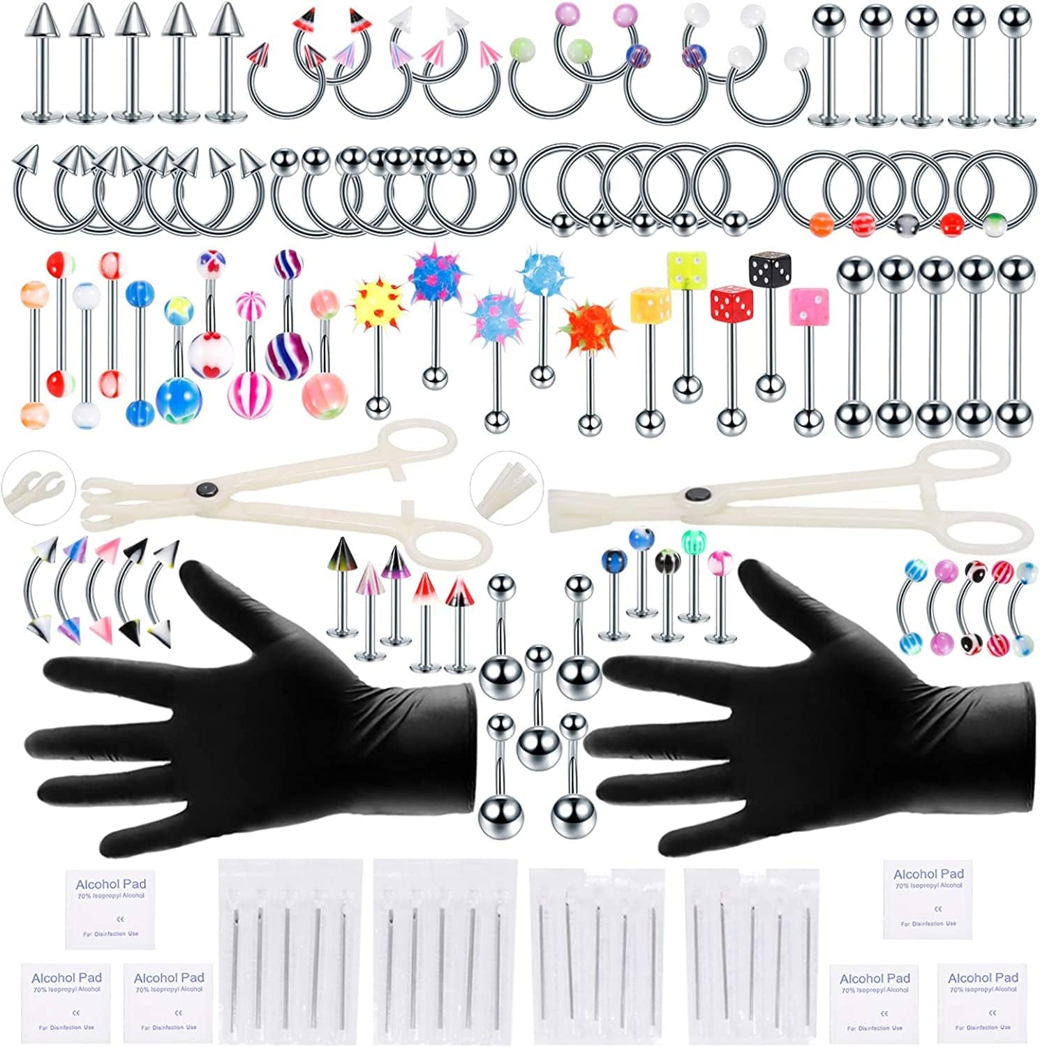 Xpircn 120PCS Piercing Kit Stainless Steel Acrylic 14G 16G Nose Septum Horseshoe Lip Tongue Eyebrow Tragus Belly Tongue Nipple Barbell Rings Piercing Jewelry Kit Tool Apparel & Accessories > Jewelry > Body Jewelry Xpircn 120PCS Silver&Acrylic  