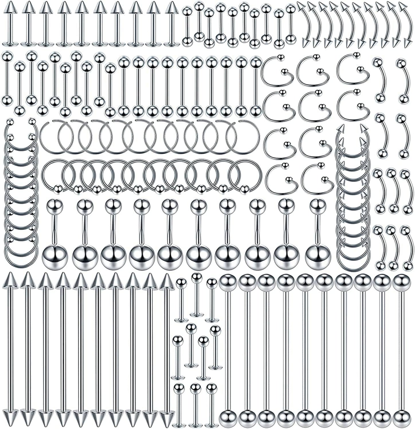 Xpircn 150PCS Piercing Kit Jewelry Stainless Steel Lip Nose Tongue Tragus Cartilage Daith Eeybrow Belly Button Rings Body Piercing Tools 14G 16G 20G Apparel & Accessories > Jewelry > Body Jewelry Xpircn Silver  