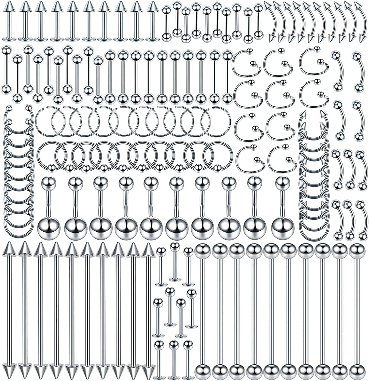 Xpircn 150PCS Piercing Kit Jewelry Stainless Steel Lip Nose Tongue Tragus Cartilage Daith Eeybrow Belly Button Rings Body Piercing Tools 14G 16G 20G Apparel & Accessories > Jewelry > Body Jewelry Xpircn Silver  