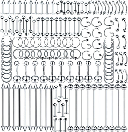 Xpircn 150PCS Piercing Kit Jewelry Stainless Steel Lip Nose Tongue Tragus Cartilage Daith Eeybrow Belly Button Rings Body Piercing Tools 14G 16G 20G Apparel & Accessories > Jewelry > Body Jewelry Xpircn Silver  