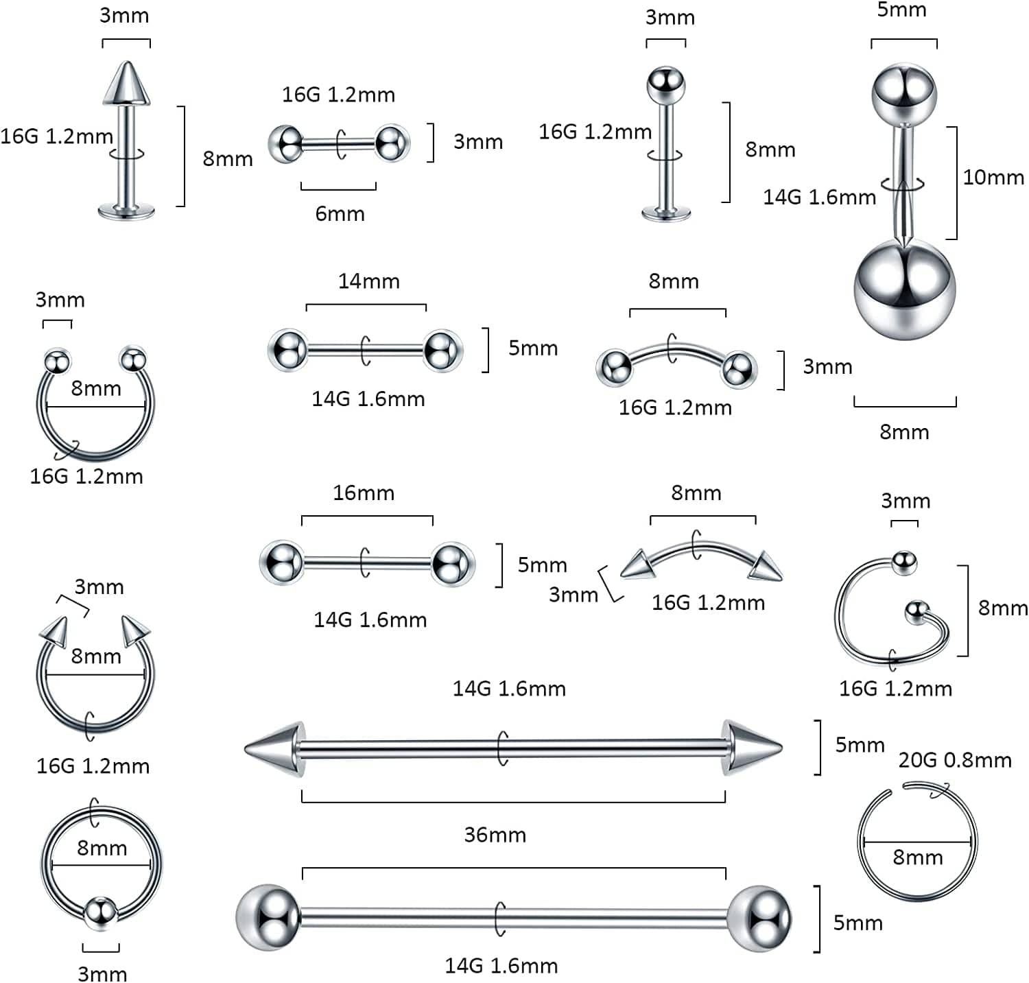Xpircn 150PCS Piercing Kit Jewelry Stainless Steel Lip Nose Tongue Tragus Cartilage Daith Eeybrow Belly Button Rings Body Piercing Tools 14G 16G 20G Apparel & Accessories > Jewelry > Body Jewelry Xpircn   