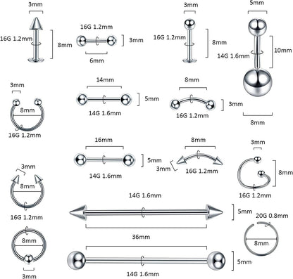 Xpircn 150PCS Piercing Kit Jewelry Stainless Steel Lip Nose Tongue Tragus Cartilage Daith Eeybrow Belly Button Rings Body Piercing Tools 14G 16G 20G Apparel & Accessories > Jewelry > Body Jewelry Xpircn   