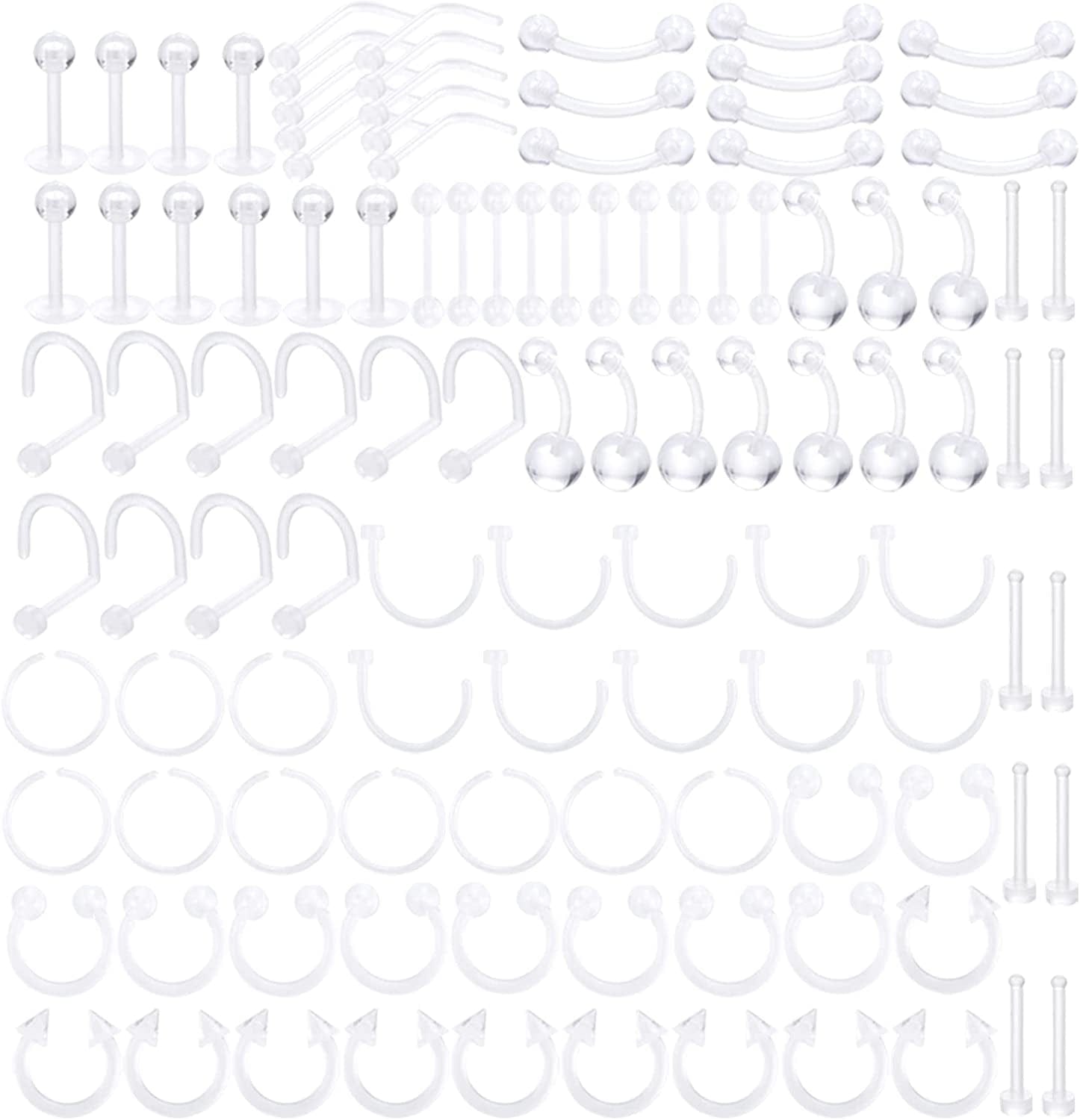 Xpircn Piercing Kit Stainless Steel Bioflex Lip Nose Tongue Tragus Cartilage Daith Eeybrow Belly Button Rings Body Piercing Jewelry 14G 16G 20G Apparel & Accessories > Jewelry > Body Jewelry Xpircn Implant Acrylic, Clear, 100PCS  