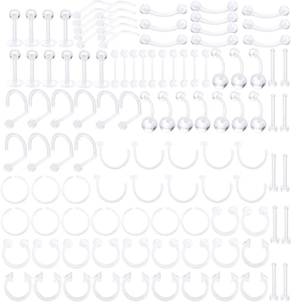 Xpircn Piercing Kit Stainless Steel Bioflex Lip Nose Tongue Tragus Cartilage Daith Eeybrow Belly Button Rings Body Piercing Jewelry 14G 16G 20G Apparel & Accessories > Jewelry > Body Jewelry Xpircn Implant Acrylic, Clear, 100PCS  