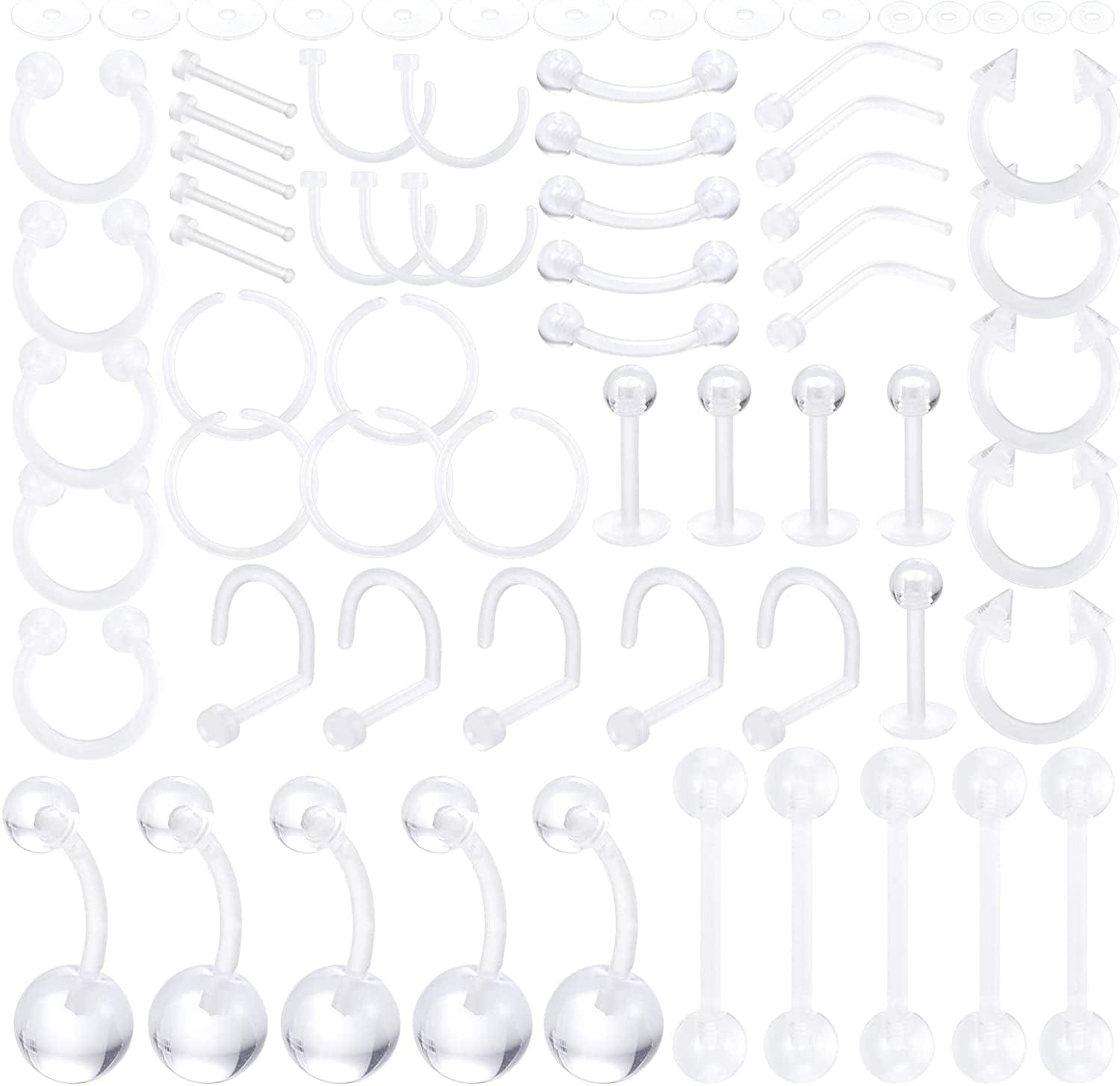 Xpircn Piercing Kit Stainless Steel Bioflex Lip Nose Tongue Tragus Cartilage Daith Eeybrow Belly Button Rings Body Piercing Jewelry 14G 16G 20G Apparel & Accessories > Jewelry > Body Jewelry Xpircn Implant Acrylic, Clear, 70PCS  