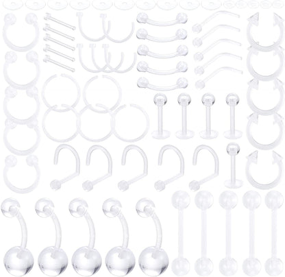 Xpircn Piercing Kit Stainless Steel Bioflex Lip Nose Tongue Tragus Cartilage Daith Eeybrow Belly Button Rings Body Piercing Jewelry 14G 16G 20G Apparel & Accessories > Jewelry > Body Jewelry Xpircn Implant Acrylic, Clear, 70PCS  