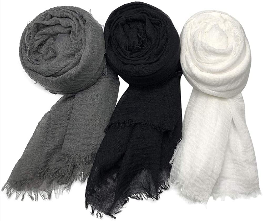 XRDSS Summer Cotton Blend Crinkle Vintage Soft Scarf with Fringed Edges 35" × 70" Apparel & Accessories > Clothing Accessories > Scarves & Shawls XRDSS White/Black/Dark Gray  