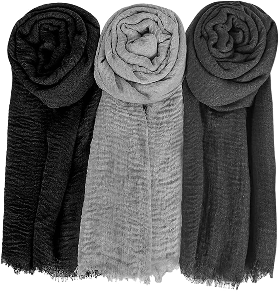 XRDSS Summer Cotton Blend Crinkle Vintage Soft Scarf with Fringed Edges 35" × 70" Apparel & Accessories > Clothing Accessories > Scarves & Shawls XRDSS Black/Gray/Dark Gray  