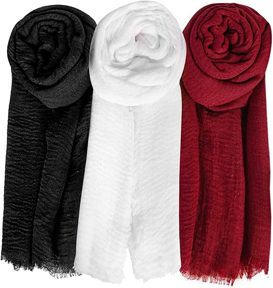XRDSS Summer Cotton Blend Crinkle Vintage Soft Scarf with Fringed Edges 35" × 70" Apparel & Accessories > Clothing Accessories > Scarves & Shawls XRDSS White/Black/Red  