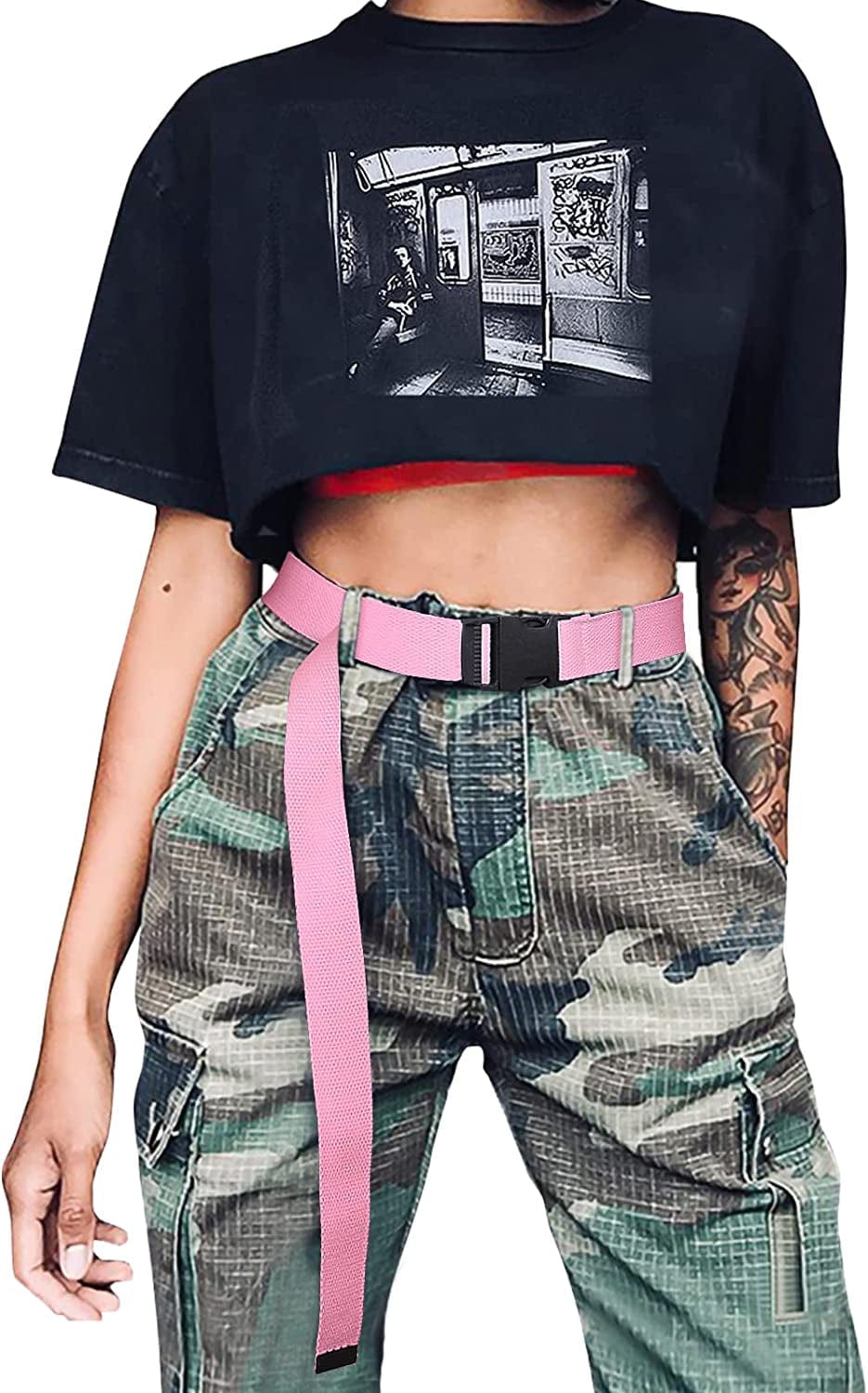XZQTIVE Canvas Web Belt for Women, Cool Cargo Belt with Plastic Buckle, Hip Hop Streetwear Style Waist Belt for Dress Apparel & Accessories > Clothing Accessories > Belts XZQTIVE 04 Pink 120cm:Pant upto 38" 