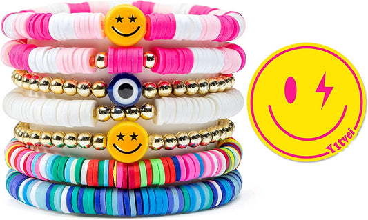 Y1Tvei 7Pcs Heishi Surfer Bracelets Set Colorful Preppy Happy Smile Evil Eye Beaded Stretch Bracelets Clay Stackable Boho Disc Bracelets Y2K Kidcore Aesthetic Summer Beach Jewelry for Women Girls Apparel & Accessories > Jewelry > Bracelets Y1tvei   
