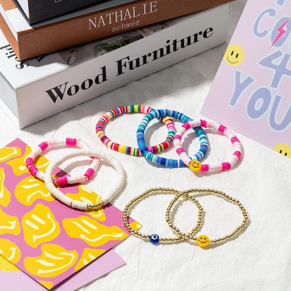 Y1Tvei 7Pcs Heishi Surfer Bracelets Set Colorful Preppy Happy Smile Evil Eye Beaded Stretch Bracelets Clay Stackable Boho Disc Bracelets Y2K Kidcore Aesthetic Summer Beach Jewelry for Women Girls Apparel & Accessories > Jewelry > Bracelets Y1tvei   