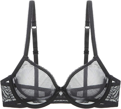 YANDW Sexy Sheer See through Bras Unlined Underwire Lace Mesh Non Padded Ultra Thin Clear Bralette Black / 38D