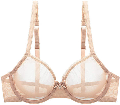 YANDW Sexy Sheer See through Bras Unlined Underwire Lace Mesh Non Padded Ultra Thin Clear Bralette Beige / 38D