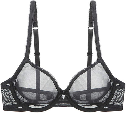 YANDW Sexy Sheer See through Bras Unlined Underwire Lace Mesh Non Padded Ultra Thin Clear Bralette Black / 42C