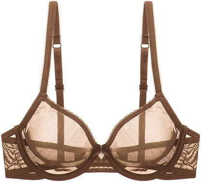 YANDW Sexy Sheer See through Bras Unlined Underwire Lace Mesh Non Padded Ultra Thin Clear Bralette Coffee / 42D