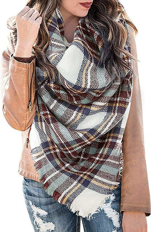 Yanekop Womens Plaid Blanket Scarf Big Square Scarves Warm Tartan Checked Shawl Apparel & Accessories > Clothing Accessories > Scarves & Shawls Yanekop 1 White Blue Mix  