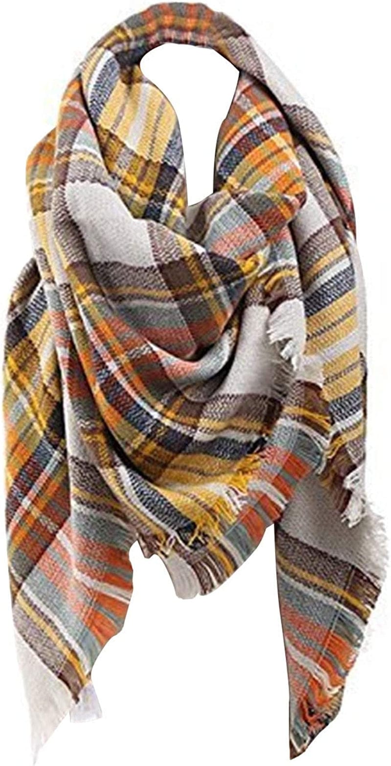 Yanekop Womens Plaid Blanket Scarf Big Square Scarves Warm Tartan Checked Shawl Apparel & Accessories > Clothing Accessories > Scarves & Shawls Yanekop 3 Beige Yellow  