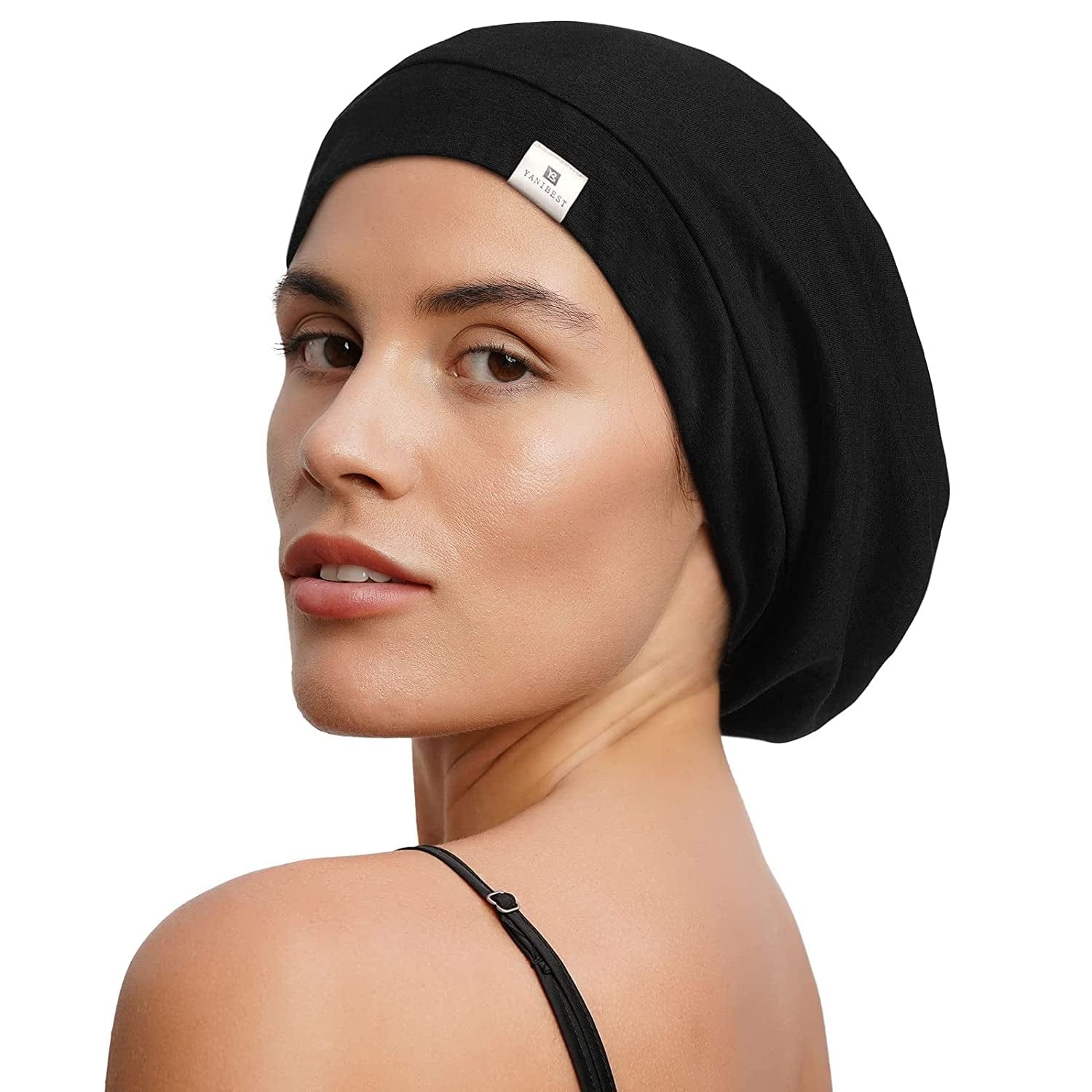 YANIBEST Slouchy Beanie Hat Satin Lined Sleep Cap Satin Bonnet Chemo Headwear Caps for Women and Men Pure Black Apparel & Accessories > Clothing Accessories > Headwear YANIBEST   