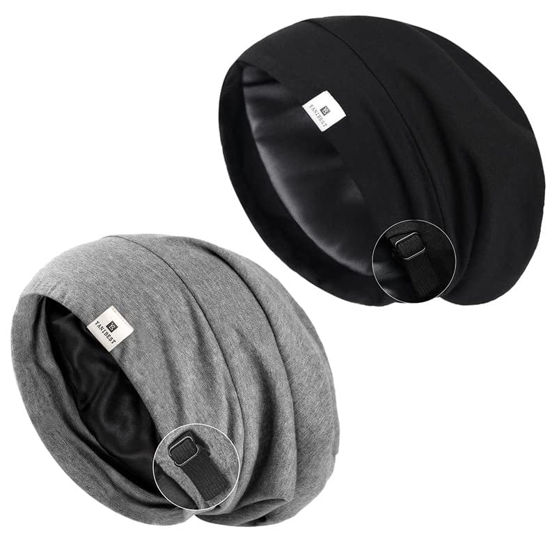 YANIBEST Slouchy Beanie Hat Satin Lined Sleep Cap Satin Bonnet Chemo Headwear Caps for Women and Men Pure Black Apparel & Accessories > Clothing Accessories > Headwear YANIBEST Pure Black & Dark Grey Large 