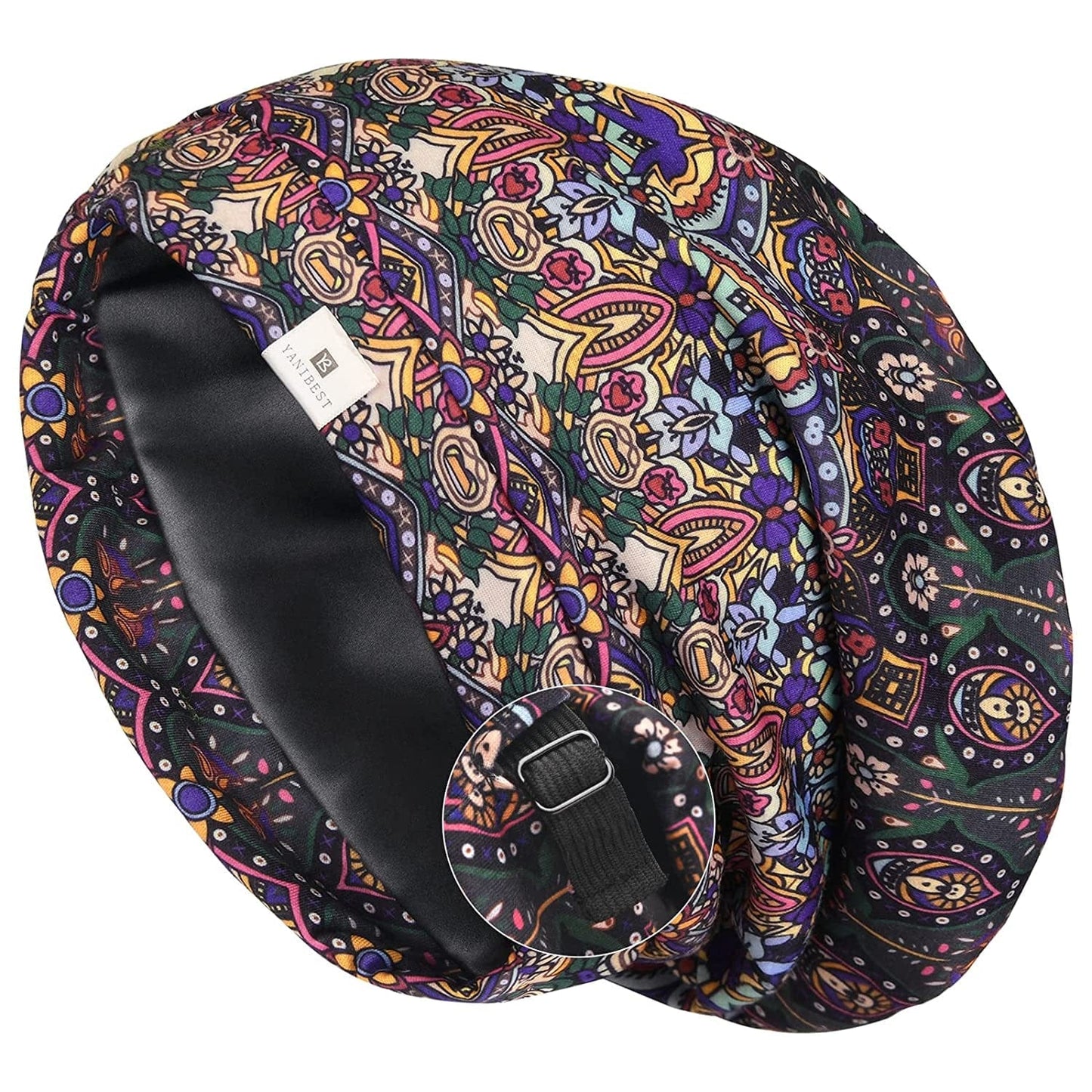 YANIBEST Slouchy Beanie Hat Satin Lined Sleep Cap Satin Bonnet Chemo Headwear Caps for Women and Men Pure Black Apparel & Accessories > Clothing Accessories > Headwear YANIBEST Black Floral Large 