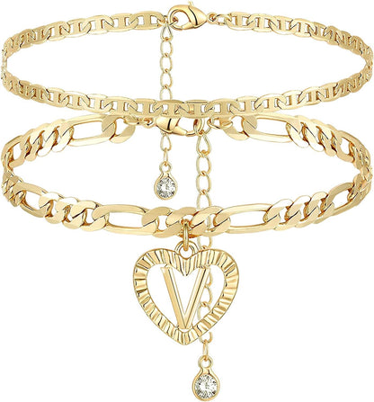YANODA Initial Ankle Bracelets for Women 14K Gold Plated Layered Figaro Chain Letter Initial Anklets Handmade Layered Heart Ankle Bracelets Personalized Gifts for Women Teen Girls Apparel & Accessories > Jewelry > Anklets YANODA V  