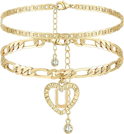 YANODA Initial Ankle Bracelets for Women 14K Gold Plated Layered Figaro Chain Letter Initial Anklets Handmade Layered Heart Ankle Bracelets Personalized Gifts for Women Teen Girls Apparel & Accessories > Jewelry > Anklets YANODA U  