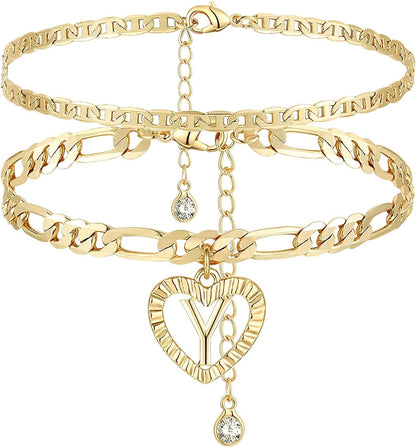 YANODA Initial Ankle Bracelets for Women 14K Gold Plated Layered Figaro Chain Letter Initial Anklets Handmade Layered Heart Ankle Bracelets Personalized Gifts for Women Teen Girls Apparel & Accessories > Jewelry > Anklets YANODA Y  