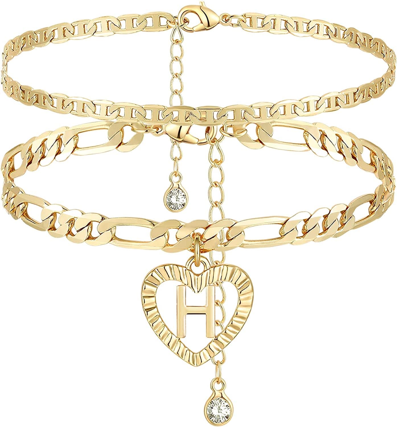 YANODA Initial Ankle Bracelets for Women 14K Gold Plated Layered Figaro Chain Letter Initial Anklets Handmade Layered Heart Ankle Bracelets Personalized Gifts for Women Teen Girls Apparel & Accessories > Jewelry > Anklets YANODA H  