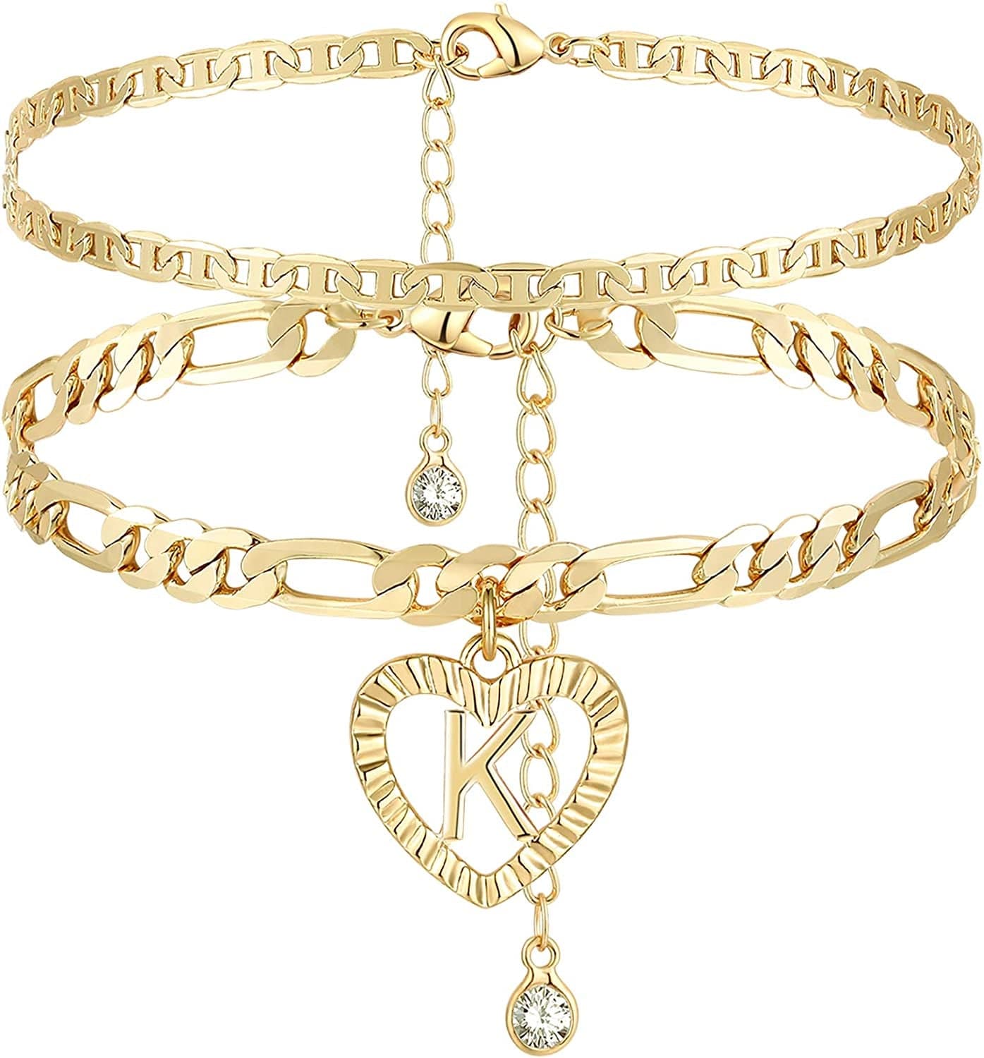 YANODA Initial Ankle Bracelets for Women 14K Gold Plated Layered Figaro Chain Letter Initial Anklets Handmade Layered Heart Ankle Bracelets Personalized Gifts for Women Teen Girls Apparel & Accessories > Jewelry > Anklets YANODA K  
