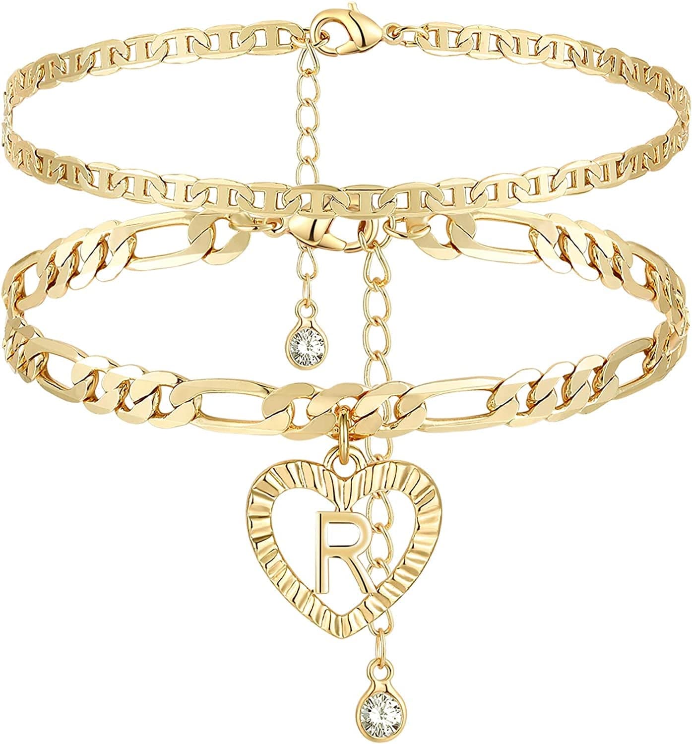 YANODA Initial Ankle Bracelets for Women 14K Gold Plated Layered Figaro Chain Letter Initial Anklets Handmade Layered Heart Ankle Bracelets Personalized Gifts for Women Teen Girls Apparel & Accessories > Jewelry > Anklets YANODA R  